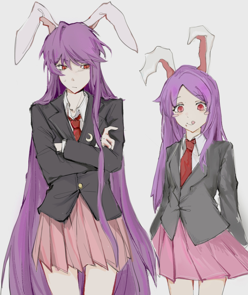 2girls, :q, animal_ears, black_jacket, blazer, blush_stickers, closed_mouth, collared_shirt