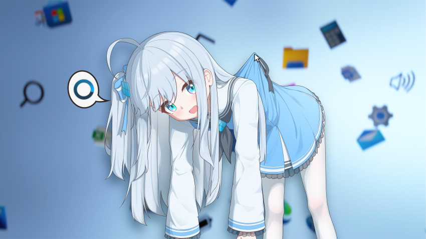 1girl, absurdres, black_neckerchief, blue_dress, blue_eyes, cursor, desktop_(computing), dress