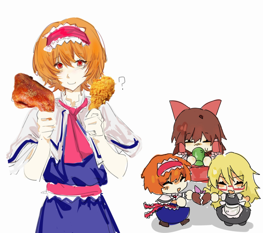 3girls, alice_margatroid, apron, black_skirt, black_vest, blonde_hair, blue_dress, bow, brown_hair, capelet, chibi, chibi_inset, chinese_commentary, closed_eyes, commentary_request, cookie, cookie_(touhou), cowboy_shot, coxinha_roll, cup, dress, food, frilled_hairband, frills, glasses, hair_bow, hairband, hakurei_reimu, hana_(skhgrandiflorus), heart, heart-shaped_cookie, heart-shaped_food, highres, hinase_(cookie), holding, holding_food, kirisame_marisa, long_hair, multiple_girls, neckerchief, open_mouth, orange_hair, pink_neckerchief, red-framed_eyewear, red_bow, red_hairband, reu_(cookie), short_hair, simple_background, skirt, skirt_set, smile, touhou, uzuki_(cookie), vest, waist_apron, white_apron, white_background, white_capelet, yunomi