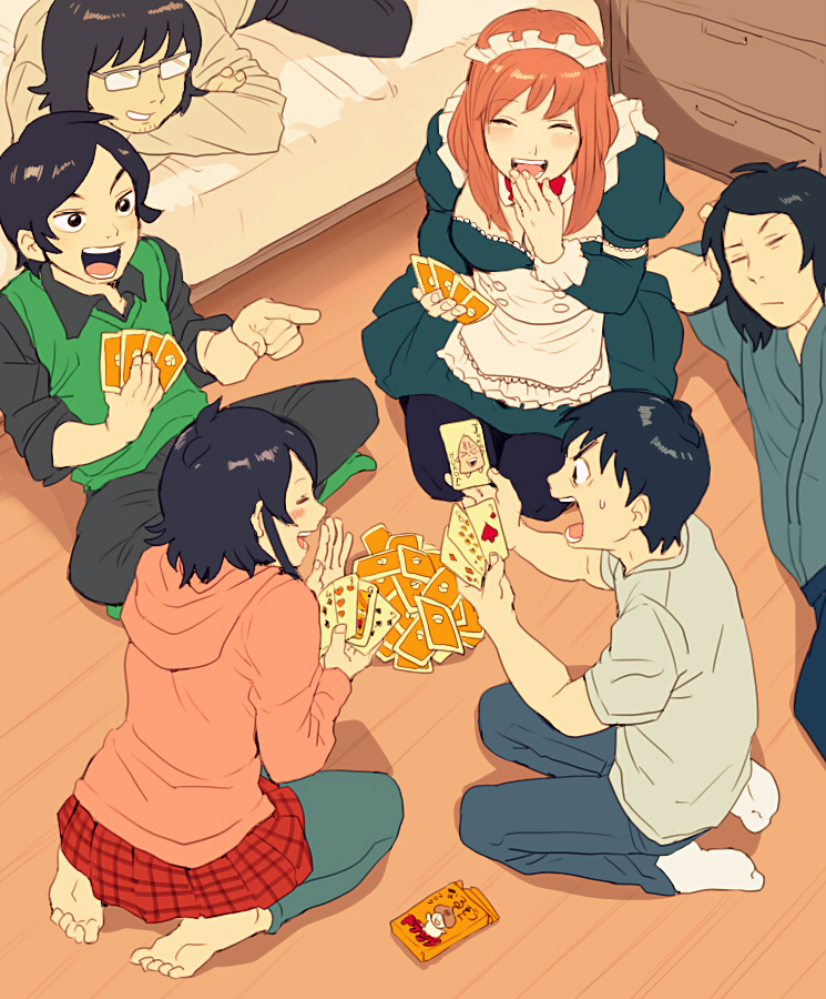 2girls, 4boys, 81diver, apron, bed_sheet, bedroom, black_dress, card