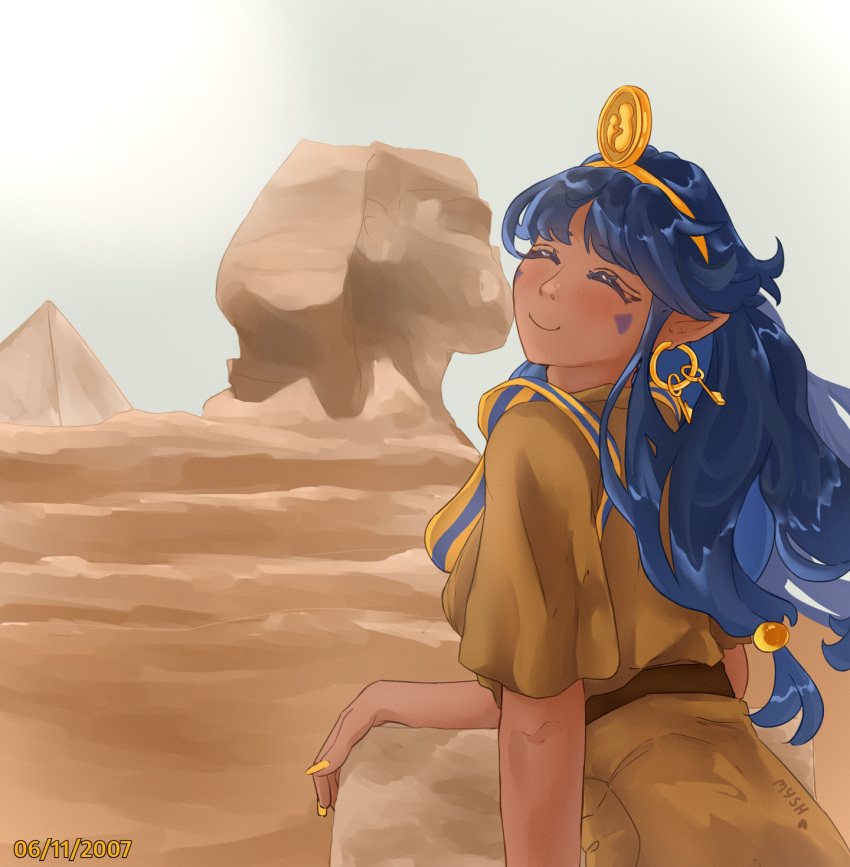 1girl, alternate_skin_color, belt, blue_hair, brown_pants, brown_shirt, closed_eyes, dark_skin