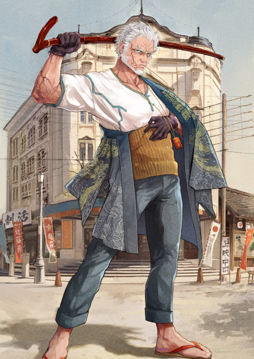 1boy, arm_up, beard, black_gloves, blue_eyes, blue_kimono, blue_pants, building
