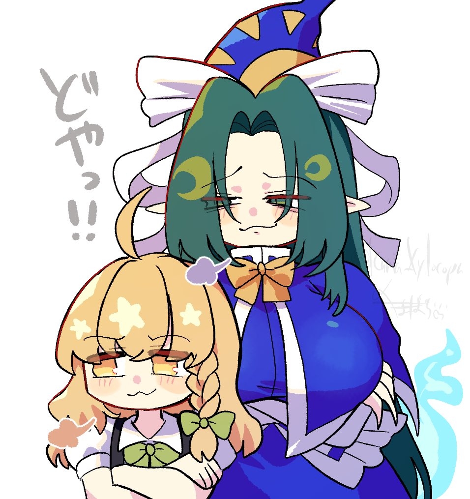 2girls, :3, ahoge, black_vest, blonde_hair, blue_dress, blue_hat, blush