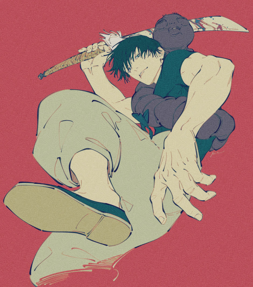 1boy, arm_up, black_shirt, black_shoes, blood, blood_on_weapon, film_grain, fushiguro_touji