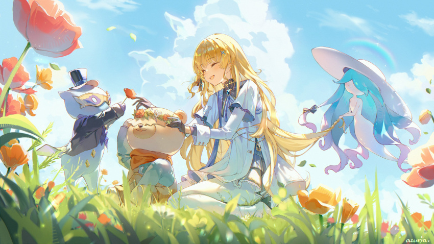 1girl, azuria03, black_gloves, blonde_hair, blue_sky, closed_eyes, commentary, day