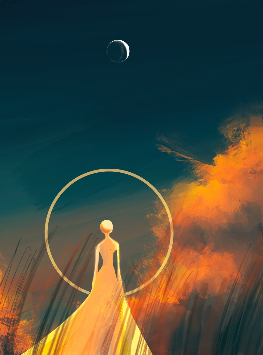 1other, absurdres, clouds, colored_skin, crescent_moon, dusk, grass, halo, highres, houseki_no_kuni, looking_up, moon, nituke541, orange_clouds, painterly, phosphophyllite_(10000), robe, sky, sky_focus, white_robe, white_skin