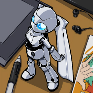 1girl, blue_sclera, colored_sclera, colored_skin, drawing_tablet, drossel_von_flugel, fireball_(series), humanoid_robot