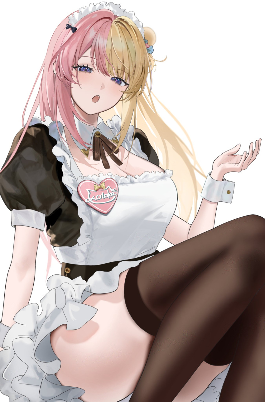 1girl, alternate_costume, apron, black_thighhighs, blonde_hair, blue_eyes, blunt_bangs, blush, breasts, cleavage_cutout, clothing_cutout, detached_collar, gyaru, half-closed_eyes, highres, juliet_sleeves, kotoka_torahime, large_breasts, legs_together, long_hair, long_sleeves, maid, maid_apron, maid_day, maid_headdress, multicolored_hair, name_tag, nijisanji, nijisanji_en, pink_hair, puffy_sleeves, ribbon, satchi_(sattytabunnhenn), scrunchie, short_sleeves, sidelocks, solo, split-color_hair, thigh-highs, wrist_cuffs