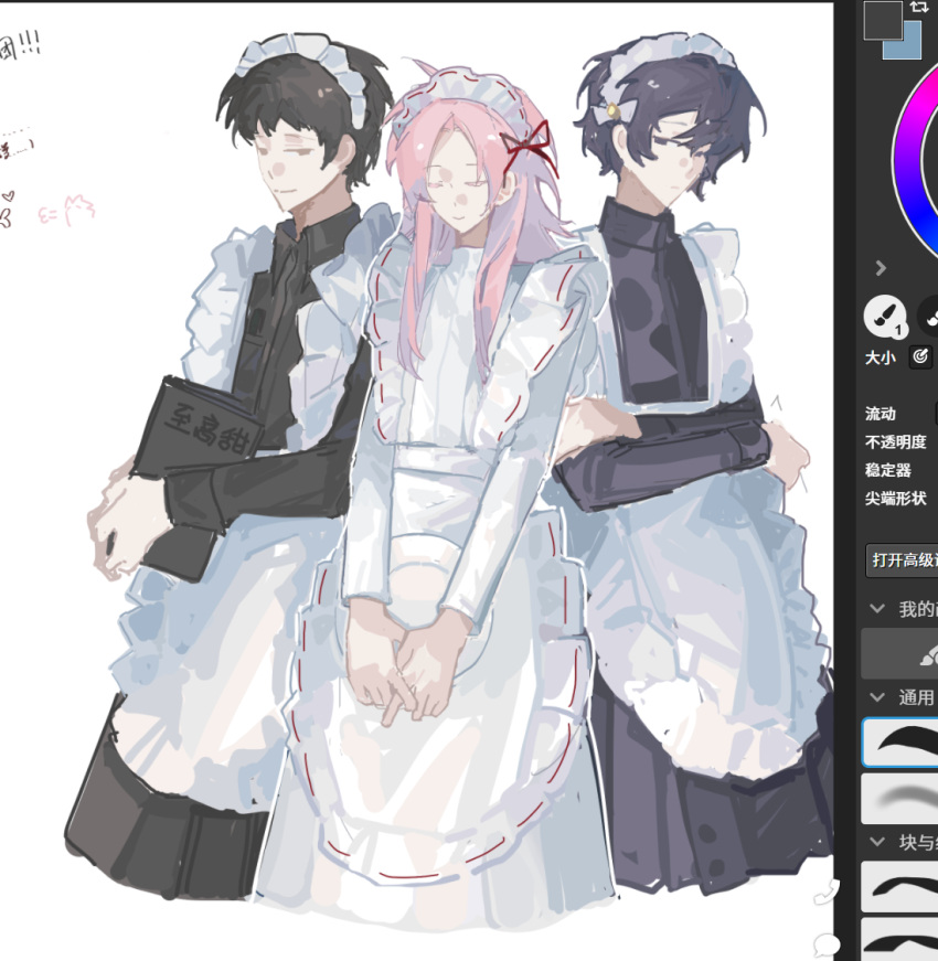 3boys, alternate_costume, apron, art_program_in_frame, black_dress, black_eyes, black_hair, bow, brown_eyes, chinese_commentary, chinese_text, closed_mouth, collared_dress, commentary_request, crossdressing, crossed_arms, dress, enmaided, exe-dream, hair_bow, hair_ribbon, harada_minoru, hatsutori_hajime, holding, holding_menu, holding_plate, long_sleeves, magma_(medium), magma_(software), maid, maid_headdress, male_focus, male_maid, menu, multiple_boys, otoko_no_ko, plate, red_ribbon, ribbon, saibou_shinkyoku, short_hair, simple_background, smile, translation_request, utsugi_noriyuki, white_apron, white_background, white_bow, white_dress