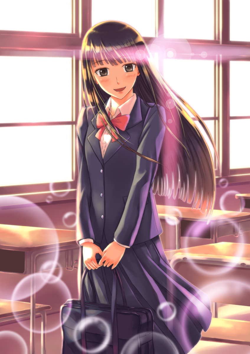 black_eyes, black_hair, blazer, bow, bubble, bubbles, classroom, desk, highres, kimi_ni_todoke, kuronuma_sawako, long_hair, school_uniform, shingo_(picturepuzzle), shingo_(pixiv), skirt, smile, window