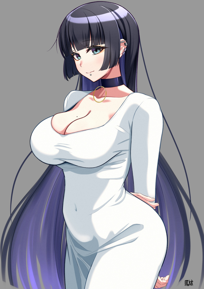 1girl, aqua_eyes, arms_behind_back, barbell_piercing, bigthirteen0301, black_choker, black_hair, blunt_bangs, blush, bocchi_the_rock!, breasts, chin_piercing, choker, closed_mouth, colored_inner_hair, dress, ear_piercing, goth_fashion, grey_background, highres, hime_cut, industrial_piercing, jewelry, labret_piercing, large_breasts, lip_piercing, long_hair, long_sleeves, looking_at_viewer, mole, mole_on_breast, mouth_piercing, multicolored_hair, nose_blush, pa-san, piercing, purple_hair, sidelocks, signature, simple_background, smile, solo, straight_hair, very_long_hair, white_dress