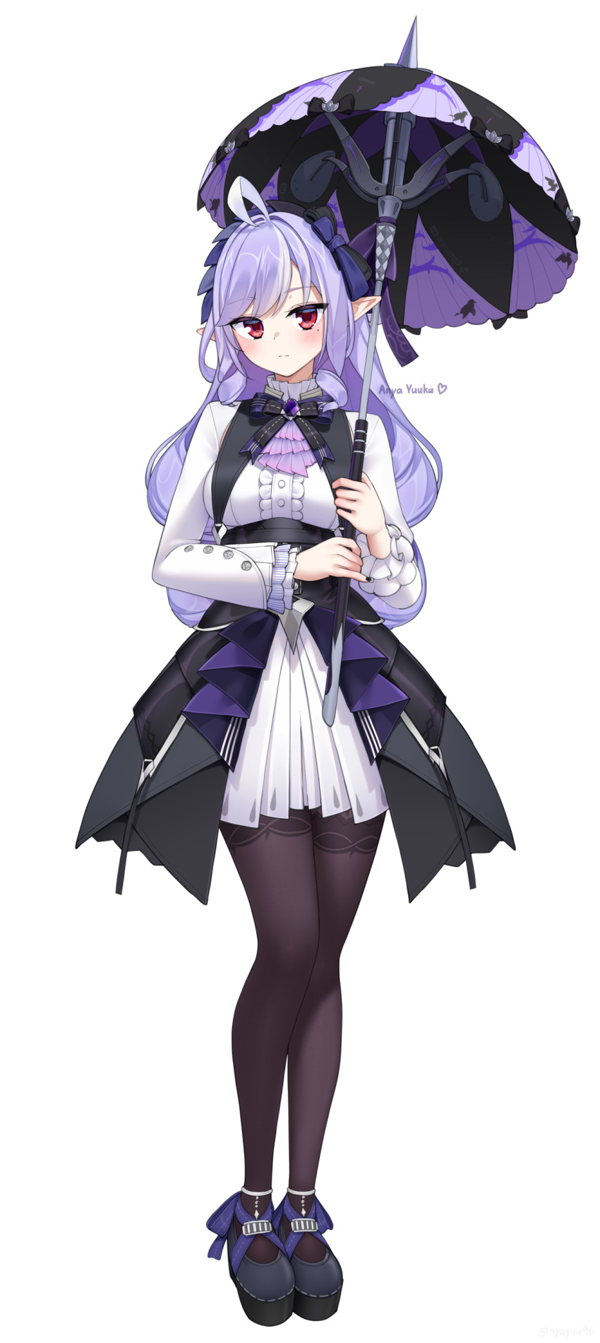 1girl, absurdres, ahoge, artist_name, black_pantyhose, black_shoes, breasts, commentary, dress, english_commentary, full_body, highres, holding, holding_umbrella, long_hair, looking_at_viewer, mole, mole_under_eye, nyayuu96, pantyhose, pointy_ears, purple_hair, red_eyes, shoes, simple_background, solo, umbrella, vivian_banshee, white_background, white_dress, zenless_zone_zero