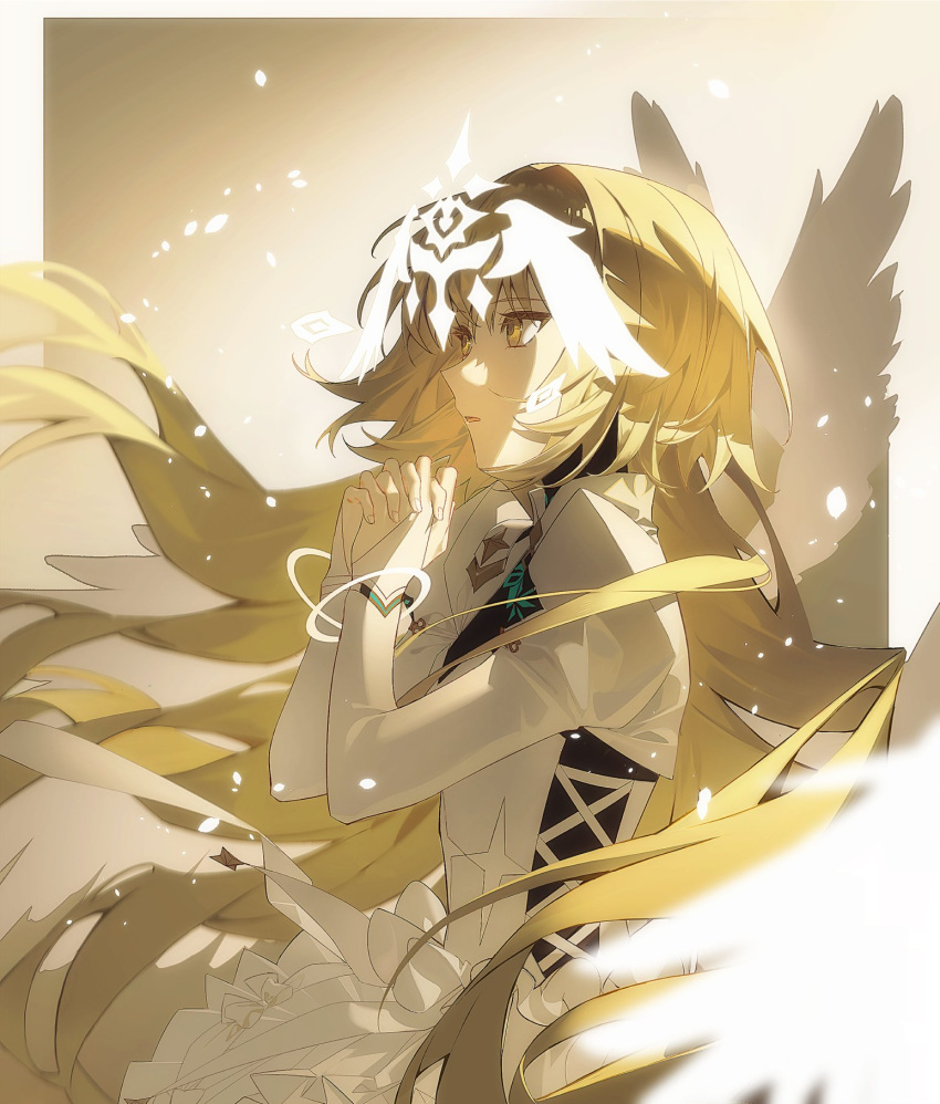 1girl, blonde_hair, bridal_gauntlets, commentary, dress, fate/grand_order, fate_(series), feathered_wings