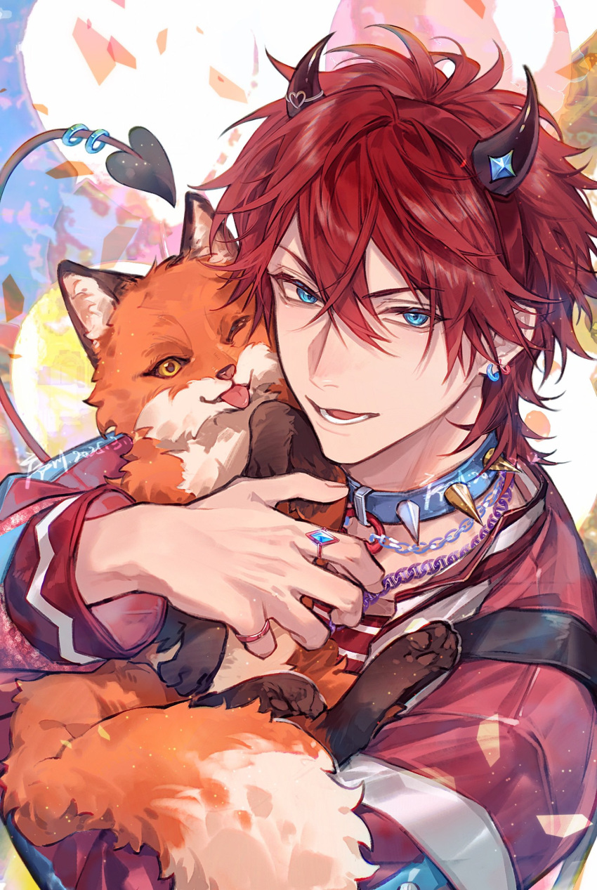 1boy, amagi_rinne, animal, artist_name, blue_eyes, chain, chain_necklace, choker