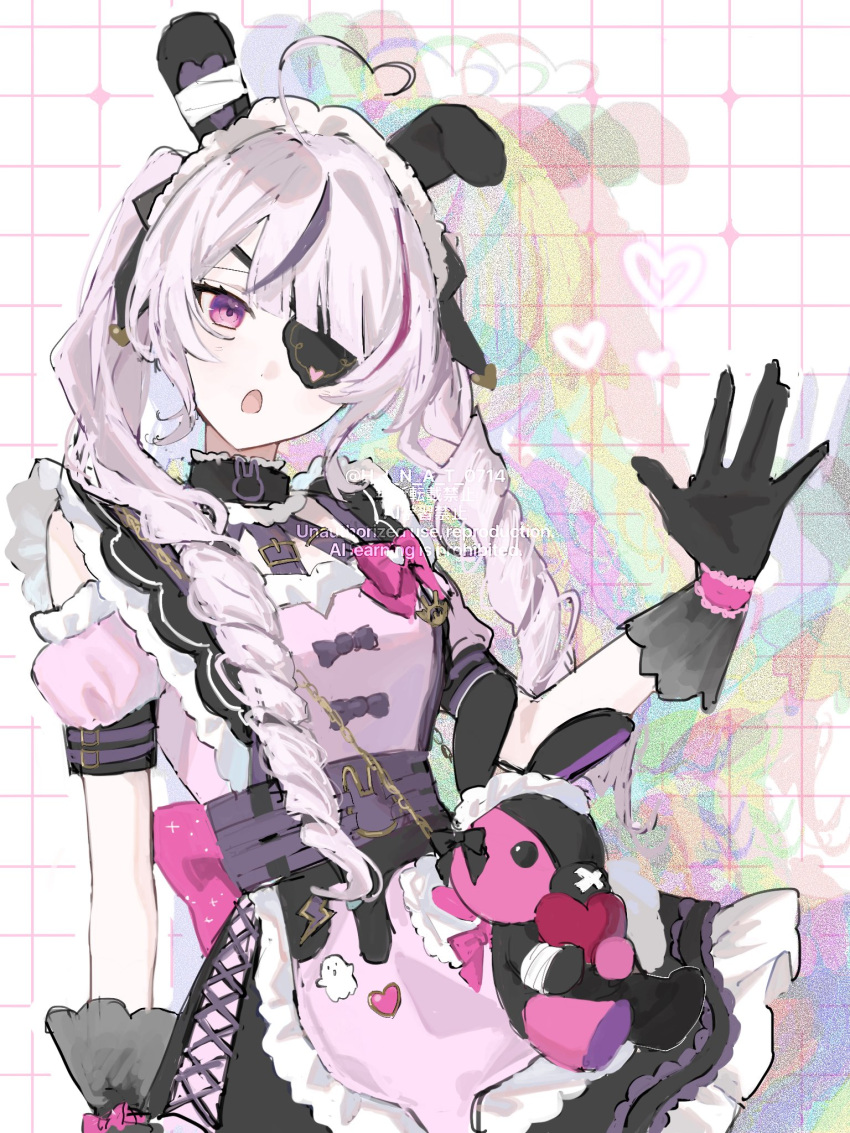 1girl, ahoge, animal_ears, apron, black_choker, black_gloves, bow, choker, detached_sleeves, dress, drill_hair, eyepatch, fake_animal_ears, frilled_apron, frills, gloves, h_i_n_a_t_0714, heart, heart_ahoge, highres, long_hair, maid, maid_apron, maid_headdress, maria_marionette, maria_marionette_(2nd_costume), multicolored_hair, nijisanji, nijisanji_en, one_eye_covered, pink_apron, pink_bow, pink_dress, pink_eyes, pink_hair, purple_streaks, rabbit_ears, short_sleeves, sidelocks, sir_ventrilo_(maria_marionette), skirt, streaked_hair, stuffed_animal, stuffed_rabbit, stuffed_toy, suspender_skirt, suspenders, twin_drills, twintails, violet_eyes