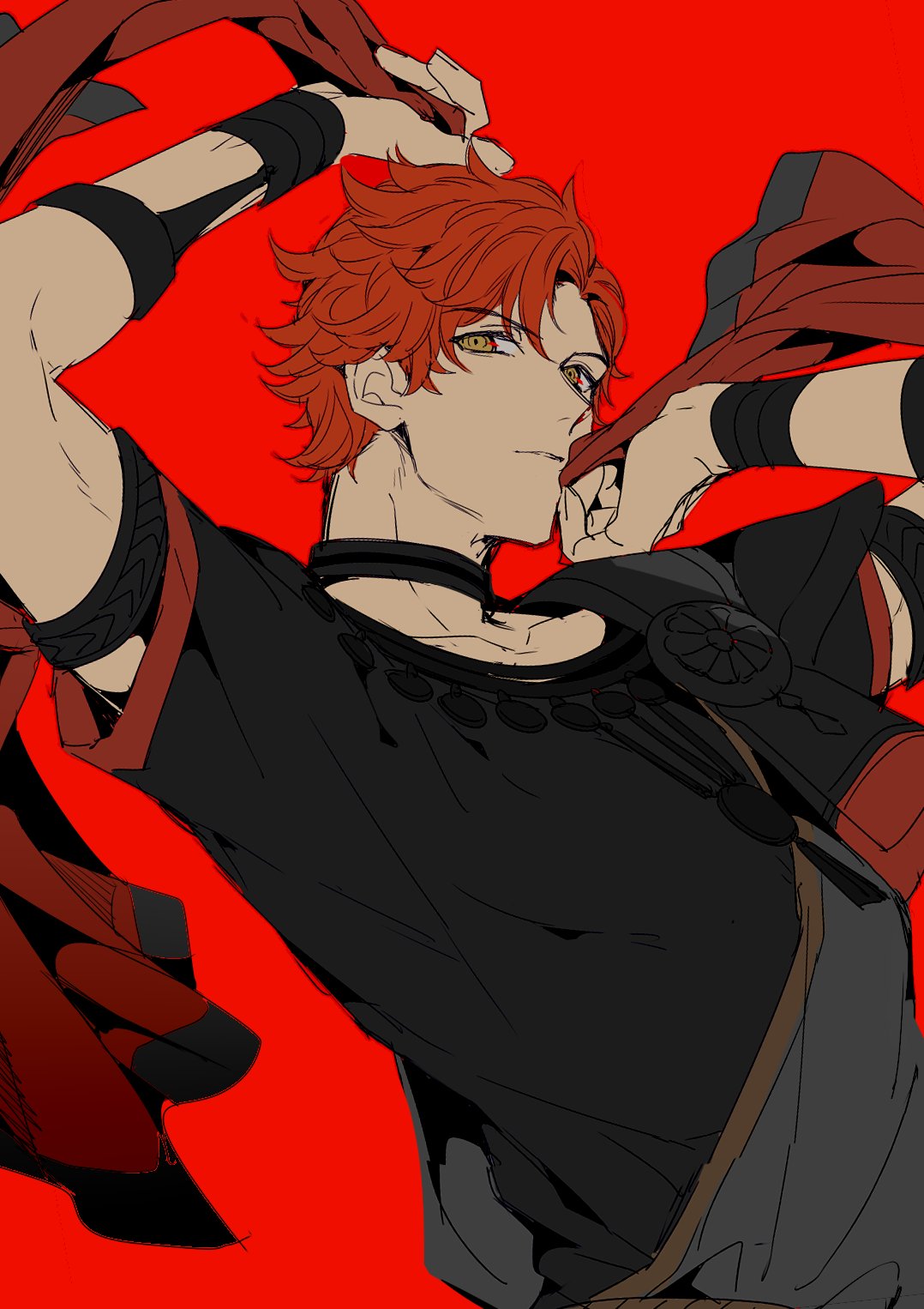 1boy, arm_above_head, armband, arms_up, black_armband, closed_mouth, collarbone, crew_neck, dancer_(fire_emblem:_three_houses), dutch_angle, fire_emblem, fire_emblem:_three_houses, highres, holding, looking_to_the_side, male_focus, mizuno_(iori-amu), official_alternate_costume, orange_eyes, parted_hair, red_hair, red_trim, robe, short_hair, short_sleeves, sideways_glance, solo, sylvain_jose_gautier