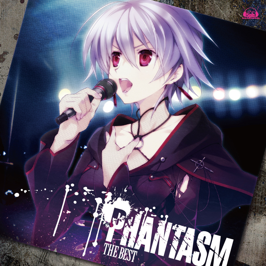 1girl, 5pb., album_cover, black_dress, blue_hair, breasts, capelet, chaos;child