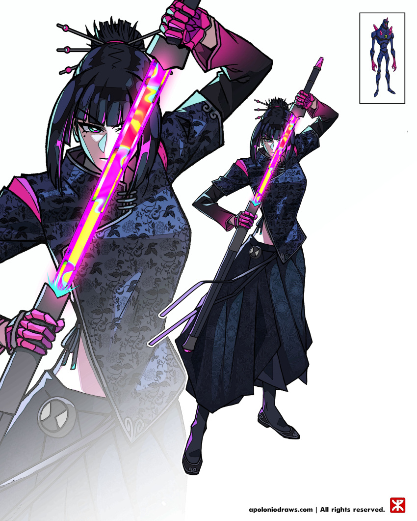 1girl, absurdres, apoloniodraws, baggy_pants, ben_10, ben_10:_alien_force, chromastone, genderswap, genderswap_(mtf), gloves, glowing, glowing_sword, glowing_weapon, hair_ornament, hairpin, highres, holding, holding_sword, holding_weapon, mole, mole_under_eye, multiple_hairpins, omnitrix, pants, pink_gloves, purple_hair, samurai, sheath, sword, unsheathing, weapon