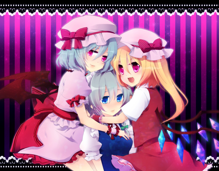 bad_id, bat_wings, blonde_hair, blue_eyes, blue_hair, braid, flandre_scarlet, hat