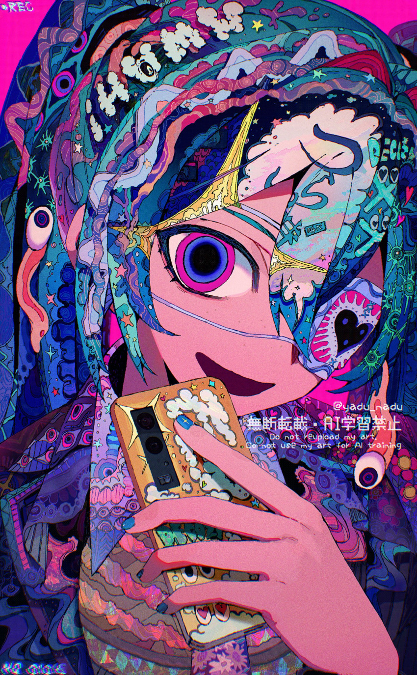 1girl, :d, absurdres, artist_name, chinese_text, collared_shirt, deco27, english_text, eyeball, eyepatch, glitch, hair_between_eyes, hallucination, hatsune_miku, heart, highres, holding, holding_phone, jacket, long_hair, looking_at_viewer, medical_eyepatch, monitoring_(vocaloid), multicolored_jacket, necktie, open_mouth, phone, recording, ringed_eyes, shirt, smile, solo, twintails, upper_body, vocaloid, yadu_nadu
