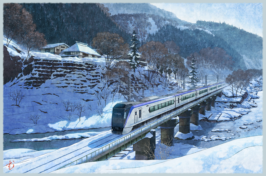 building, commentary_request, day, east_japan_railway_company, house, jr_east_e353_series, landscape, mountain