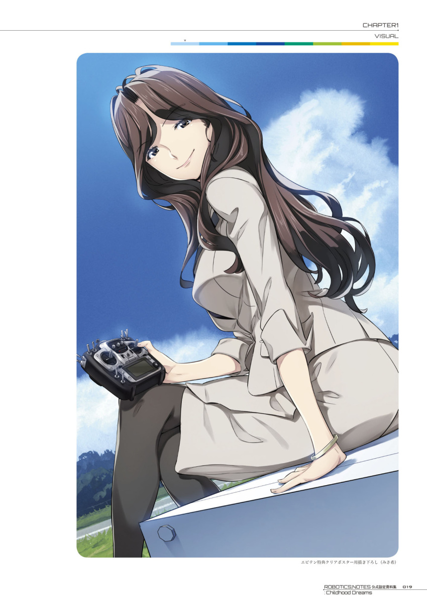 brown_eyes, brown_hair, brown_jacket, brown_skirt, controller, fukuda_tomonori, highres, holding