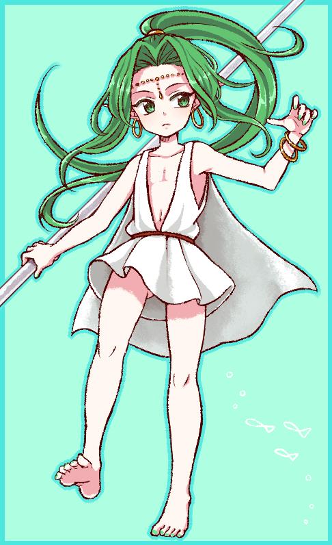 1boy, barefoot, closed_mouth, earrings, forneus, full_body, green_eyes, green_hair