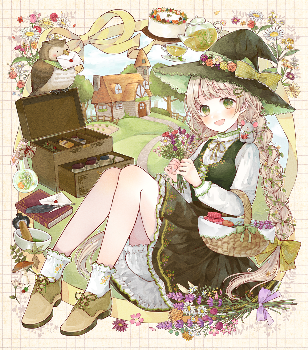 1girl, :d, animal_on_shoulder, apple, basket, beak_hold, bird, blonde_hair
