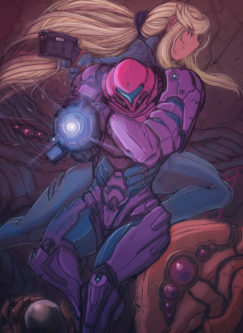 1girl, 1other, absurdres, alien, arm_cannon, armor, assault_visor, blonde_hair