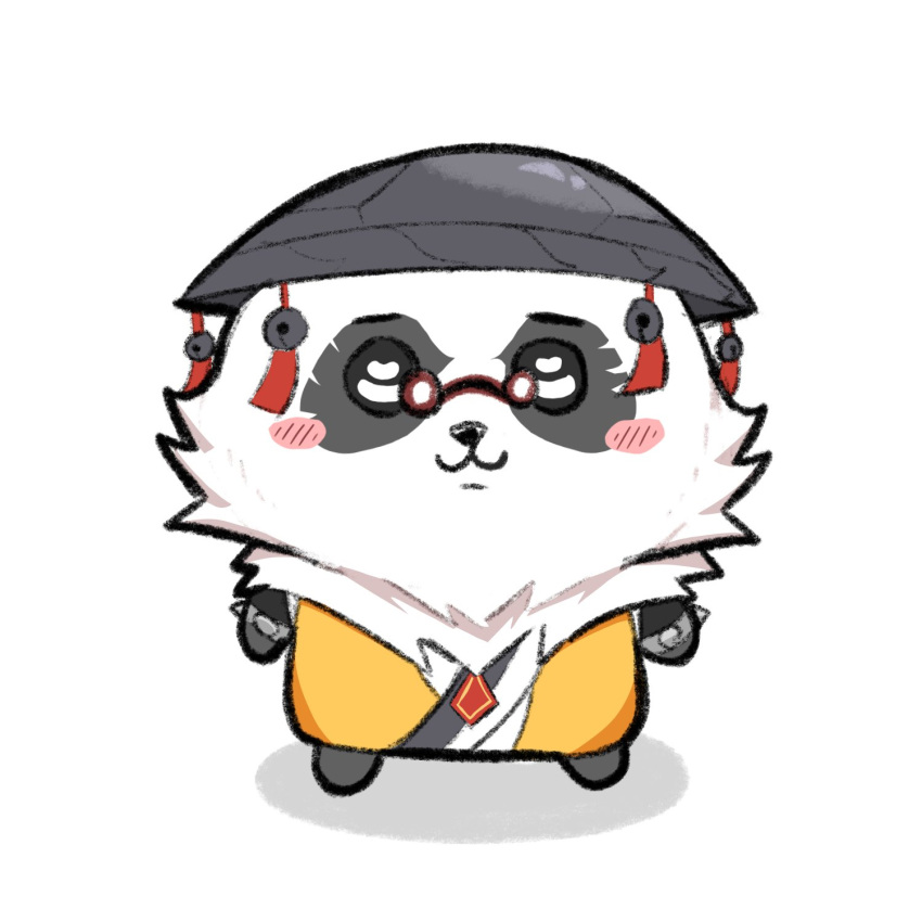 1boy, :3, animal_ears, bell, bracelet, chibi, chiikawa, chinese_clothes, english_commentary, furry, furry_male, greenypika_(artist), highres, jewelry, jingle_bell, looking_at_viewer, male_focus, pan_yinhu, panda_boy, panda_ears, round_eyewear, shirt, smile, spiked_bracelet, spikes, white_background, wok, yellow_shirt