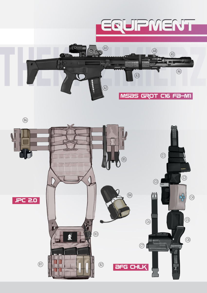 ammunition_pouch, arknights, arktic, assault_rifle, blemishine_(arknights), bulletproof_vest, english_text, equipment_layout, fb_msbs_grot, foregrip, gun, gun_sling, highres, laser_sight, load_bearing_equipment, load_bearing_vest, magazine_(weapon), no_humans, optical_sight, pouch, rifle, vertical_foregrip, weapon