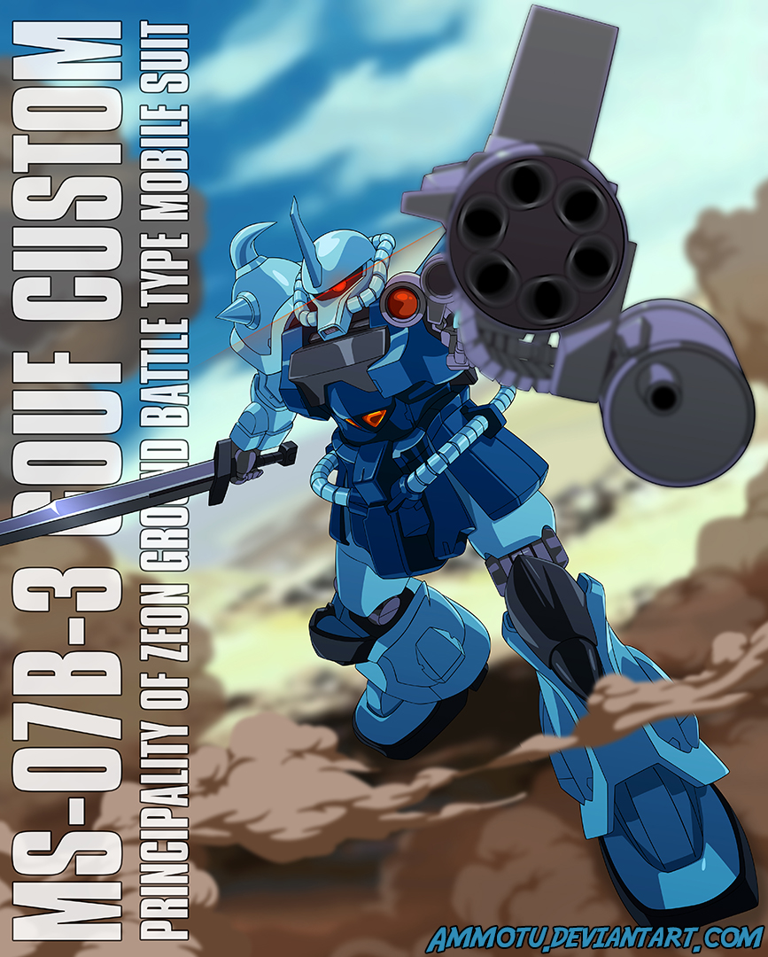 aiming, aiming_at_viewer, ammotu, battle, cable, character_name, clouds, cloudy_sky, desert, deviantart_username, dust_cloud, english_commentary, fake_screenshot, gatling_gun, gouf, gundam, gundam_08th_ms_team, machinery, mecha, mecha_focus, mobile_suit, no_humans, one-eyed, photoshop_(medium), radio_antenna, robot, science_fiction, shield, shoulder_spikes, signature, sky, spikes, sword, weapon, zeon