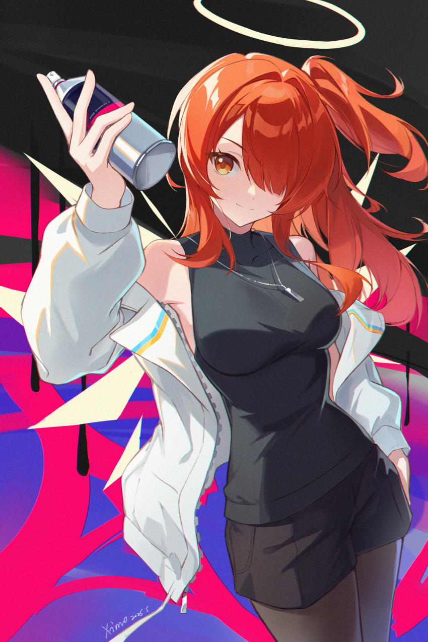 1girl, absurdres, arknights, bare_shoulders, black_pantyhose, black_shirt, black_shorts, breasts