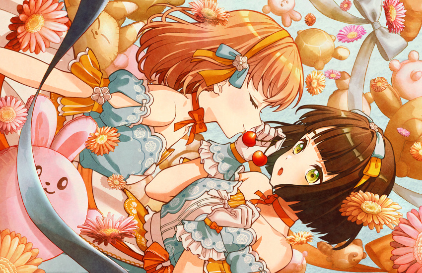 2girls, bare_shoulders, blue_background, blue_bow, blue_dress, blue_ribbon, blush, bow