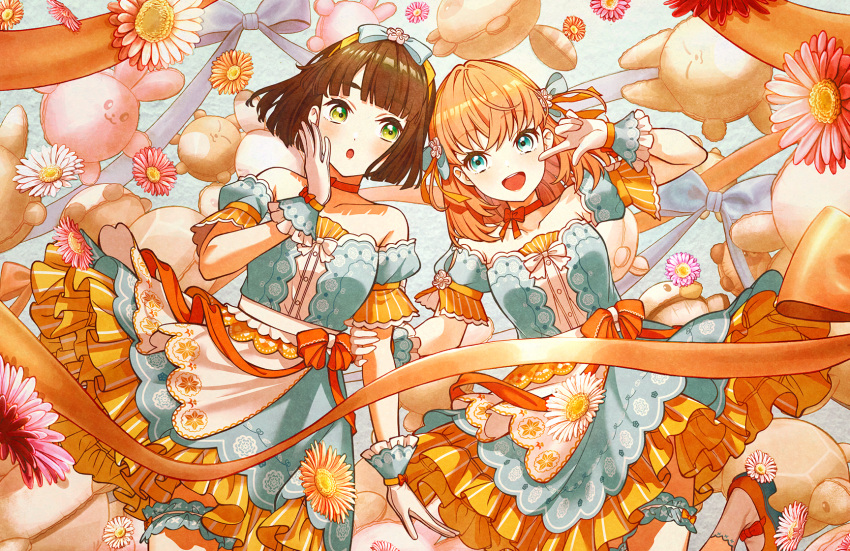 2girls, :d, :o, aqua_eyes, bare_shoulders, black_hair, blue_bow, blue_dress