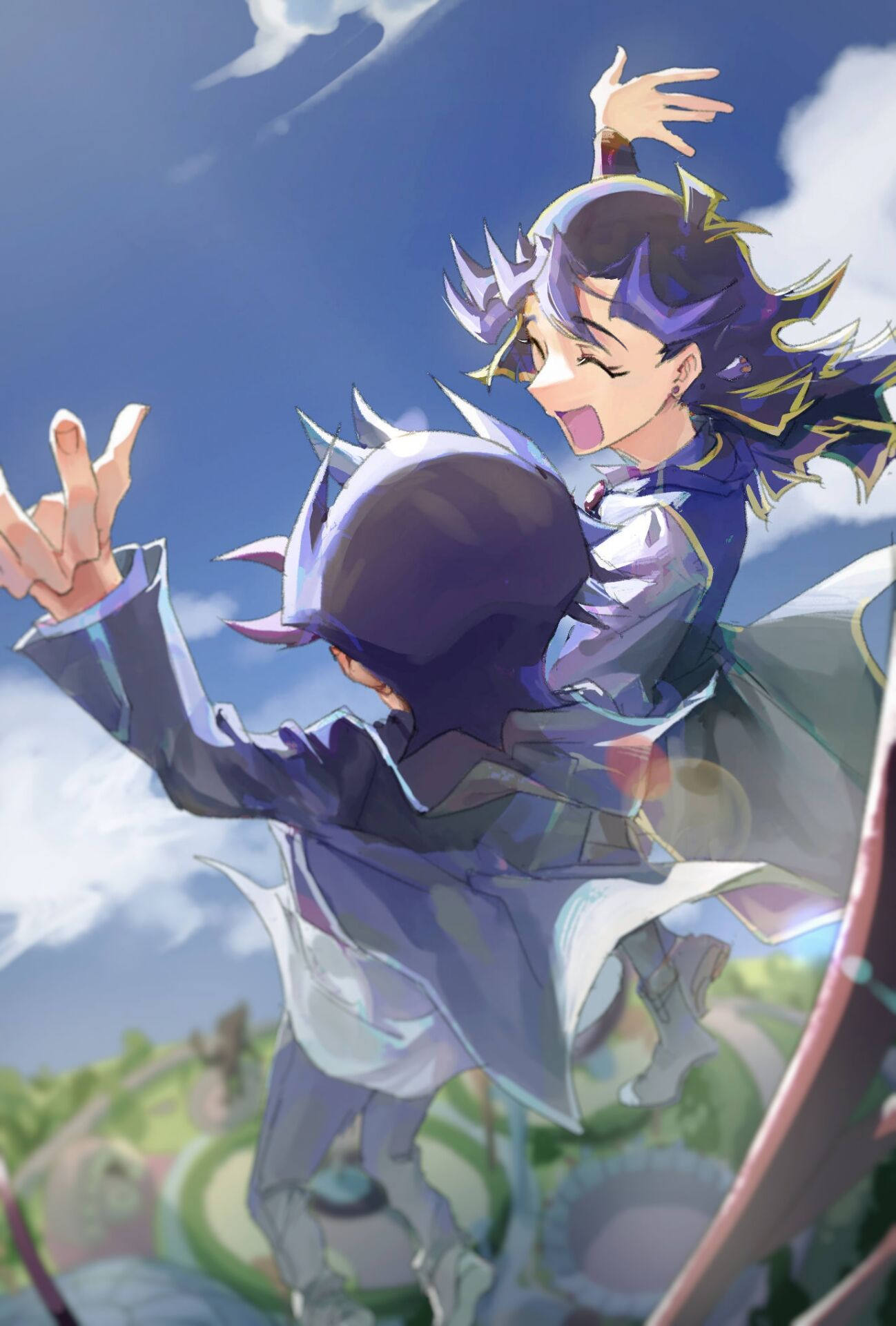 aged_down, ai_(yu-gi-oh!), alternate_form, amusement_park, android, black_boots, black_cape, black_coat