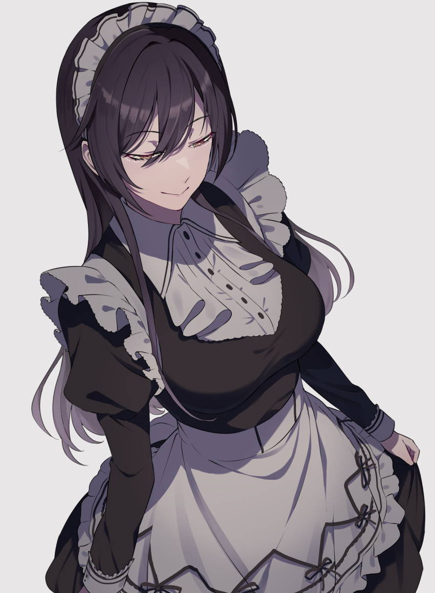 1girl, absurdres, alternate_costume, apron, black_dress, black_hair, breasts, commentary