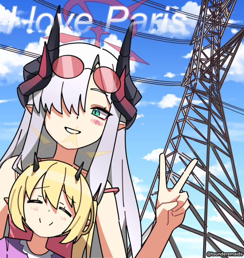 2girls, arm_up, black_horns, blonde_hair, blue_archive, blue_sky, blush, cable