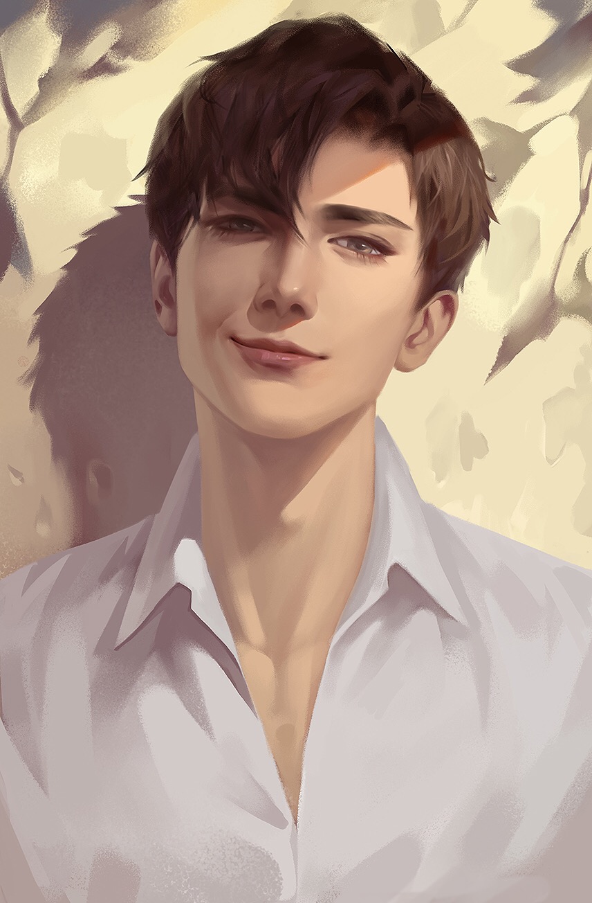 1boy, against_wall, asian, asymmetrical_bangs, brown_eyes, brown_hair, chinese_commentary, closed_mouth