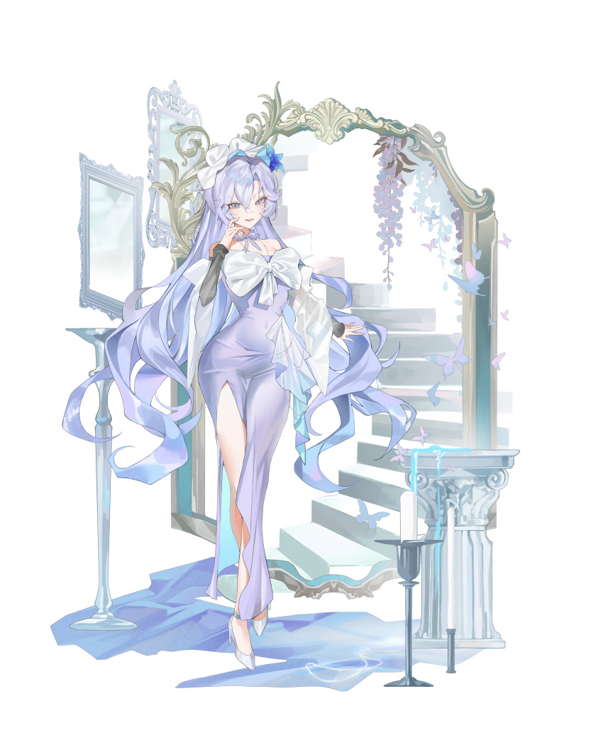 1girl, absurdres, alternate_costume, bare_shoulders, blue_flower, bow, bug, butterfly