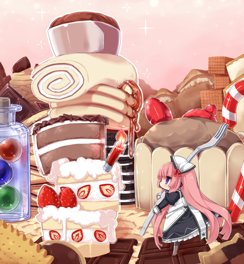 apron, cake, candle, candy, candy_cane, checkerboard_cookie, chibi, chocolate
