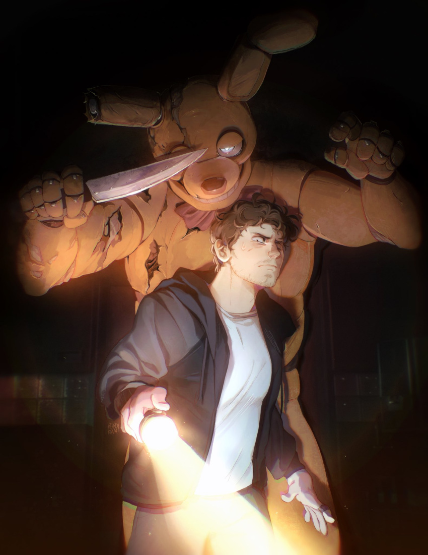 2boys, animal_ears, animatronic, artist_name, bandaid, bandaid_on_finger, beard_stubble, black_hoodie