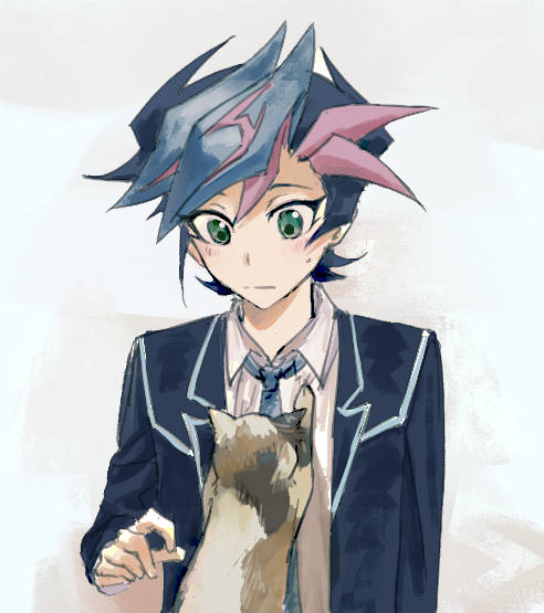 1boy, arm_at_side, black_hair, black_jacket, blazer, blue_necktie, blush, cat, colored_bangs, dress_shirt, facing_viewer, flustered, fujiki_yusaku, green_eyes, hand_up, jacket, leaning_on_person, looking_down, loose_necktie, male_focus, necktie, novale110, open_clothes, open_jacket, school_uniform, shirt, sweatdrop, upper_body, white_background, white_shirt, yu-gi-oh!, yu-gi-oh!_vrains