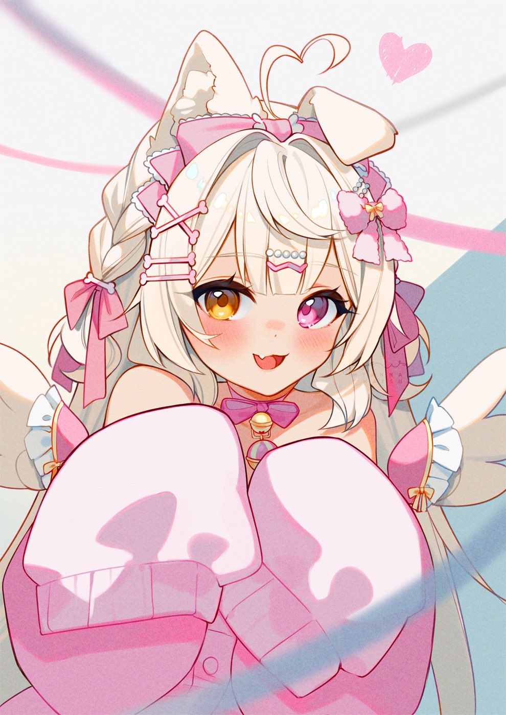 1girl, angel_wings, animal_ear_fluff, animal_ears, antenna_hair, bare_shoulders, bell, blue_background