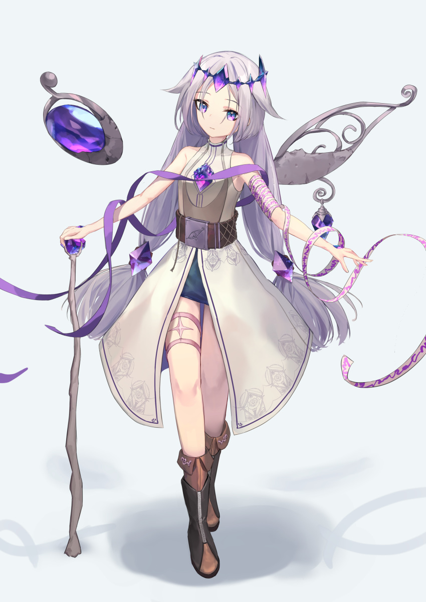 1girl, absurdres, boots, brown_boots, cane, chest_jewel, dress, full_body, gem, grey_background, grey_hair, headpiece, highres, holding, holding_cane, hololive, hololive_english, koseki_bijou, low_twintails, purple_gemstone, purple_ribbon, ribbon, single_wing, solar_torch, solo, twintails, violet_eyes, virtual_youtuber, white_dress, wings
