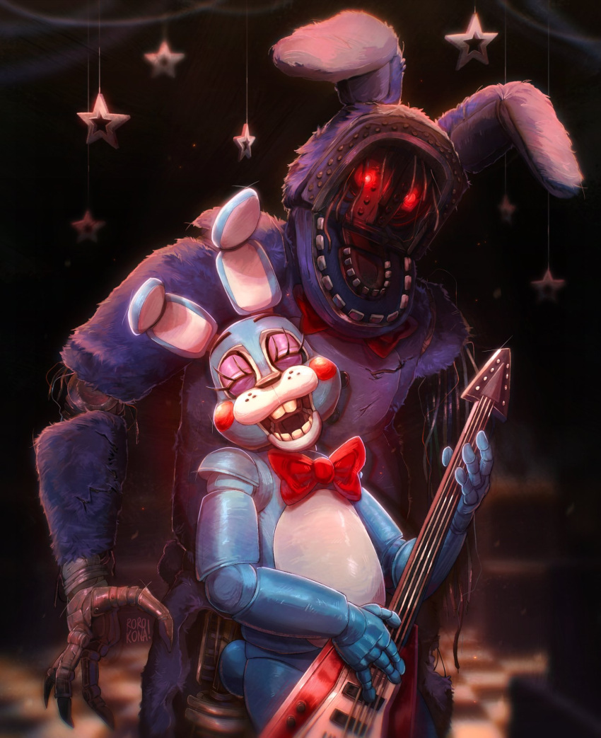 2boys, :d, animal_ears, animatronic, artist_name, blurry, blurry_background, bonnie_(fnaf)