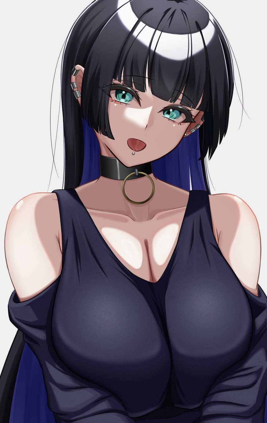 1girl, :d, aqua_eyes, barbell_piercing, bigthirteen0301, black_choker, black_dress, black_hair