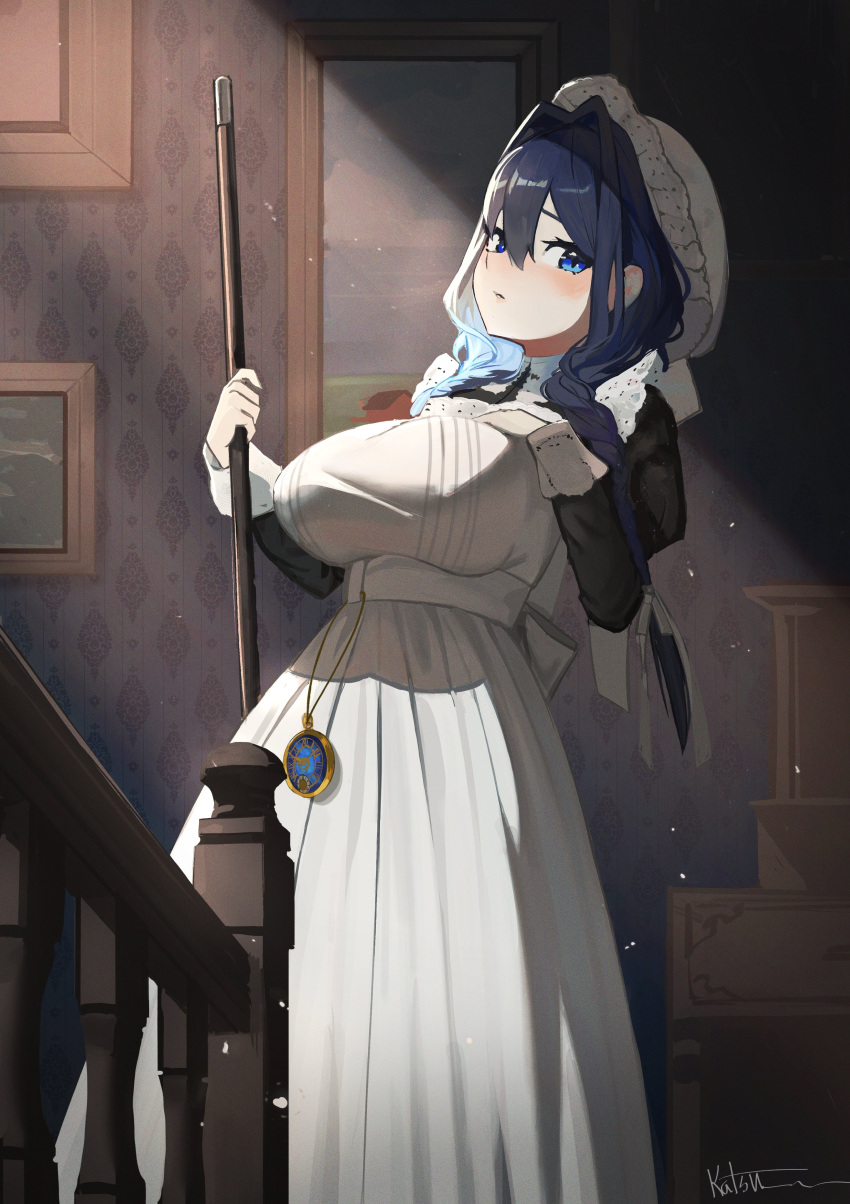 1girl, absurdres, apron, black_dress, black_hair, blue_eyes, braid, broom, commentary, dress, hair_intakes, hair_ribbon, hat, highres, holding, holding_broom, hololive, hololive_english, indoors, katsu_(katsuslider), low_twin_braids, maid_apron, mob_cap, official_alternate_costume, official_alternate_hairstyle, ouro_kronii, ouro_kronii_(maid), painting_(object), pocket_watch, ribbon, solo, twin_braids, virtual_youtuber, watch, white_apron, white_ribbon