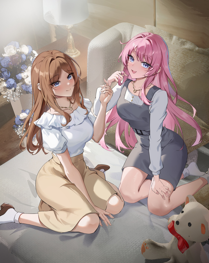 2girls, absurdres, bang_dream!, bang_dream!_it's_mygo!!!!!, blue_eyes, brown_hair, brown_shoes, brown_skirt