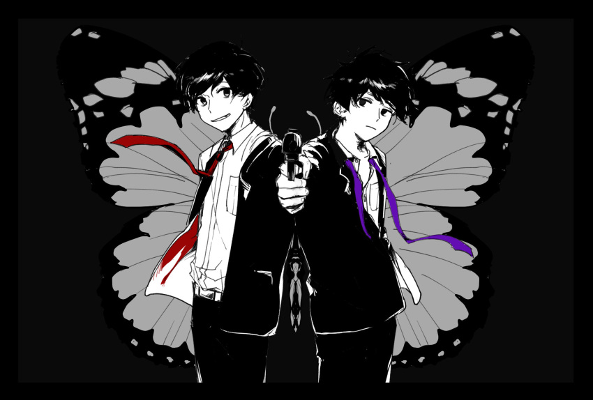 2boys, aiming, aiming_at_viewer, arms_at_sides, back-to-back, black_background, black_eyes, black_hair